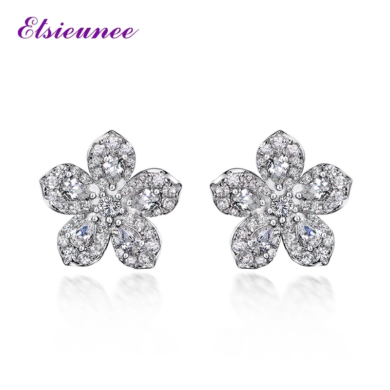 

ELSIEUNEE Classic Flower Wedding Simulated Moissanite Diamonds Stud Earrings for Women 100% 925 Sterling Silver Ear Fine Jewelry