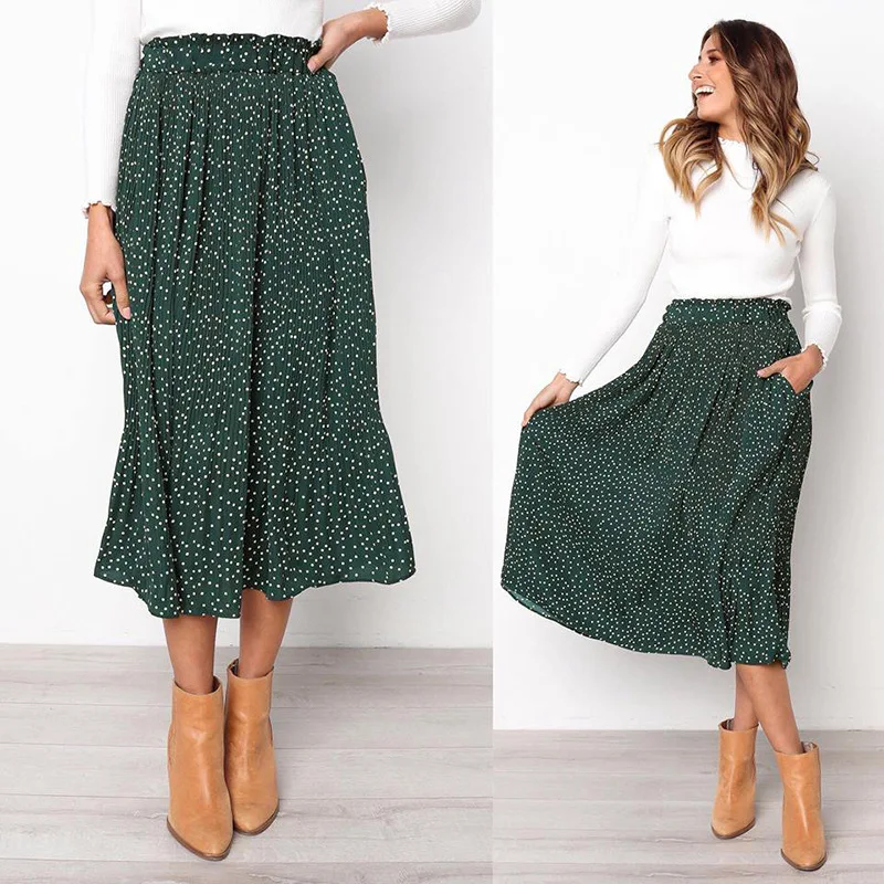 

Summer autumn 2021 casual print chiffon pocket high waist pleated dress for ladies long skirt woman skirts