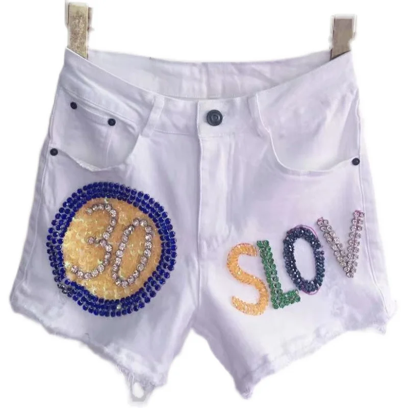 blingbling Rhinestone design Slim Summer Trendy Casual Shorts Denim Letter Pattern Short White Streetwear Jeans Shorts Female