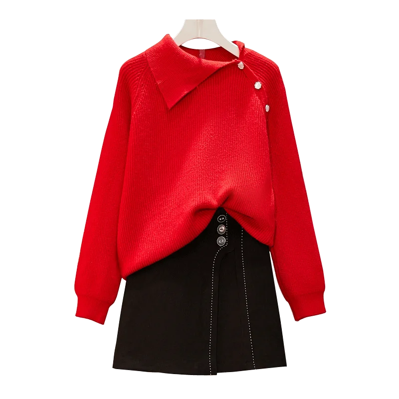 

Autumn Winter Women Loose Top Pullover & Black Skirt Western Style Fashion Suit Outfit Knitted Sweater Leisure Lady 2 Pcs Set