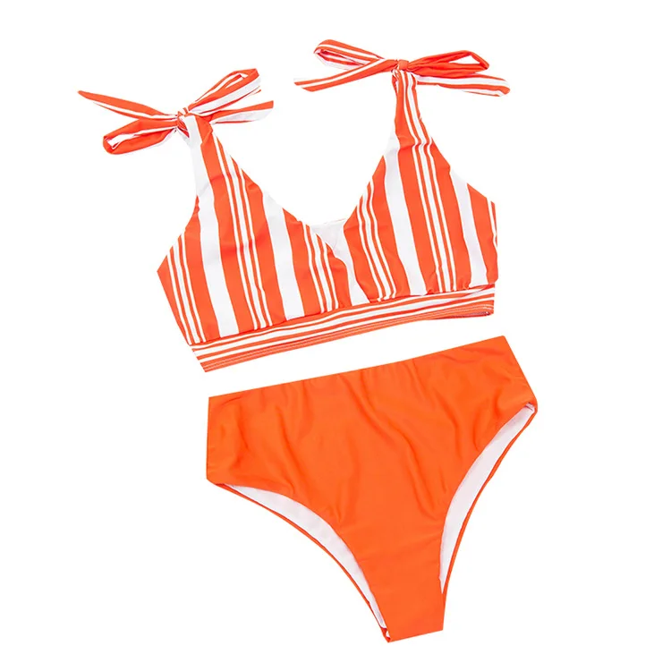 

Ladies split bow stripe print sexy bikini