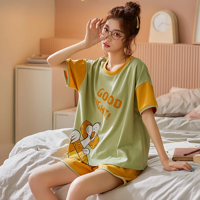 Пижама женская хлопковая с коротким рукавом и мультяшным принтом | Пижамные