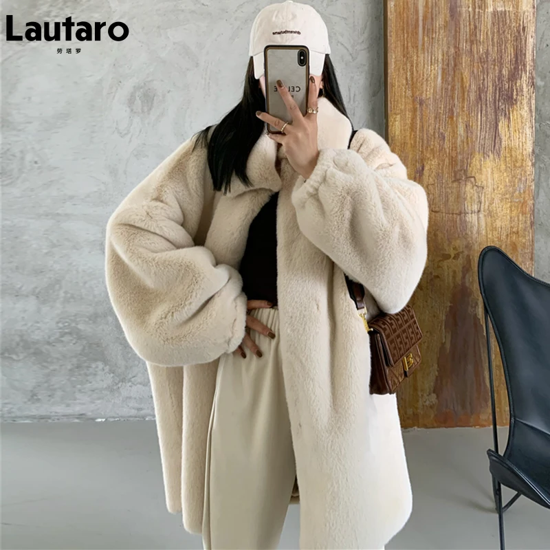 Lautaro Winter Long Oversized Warm Soft Fluffy Faux Fur Coat Women Drop Shoulder Sleeve Casual Loose Korean Fashion 2021 | Женская