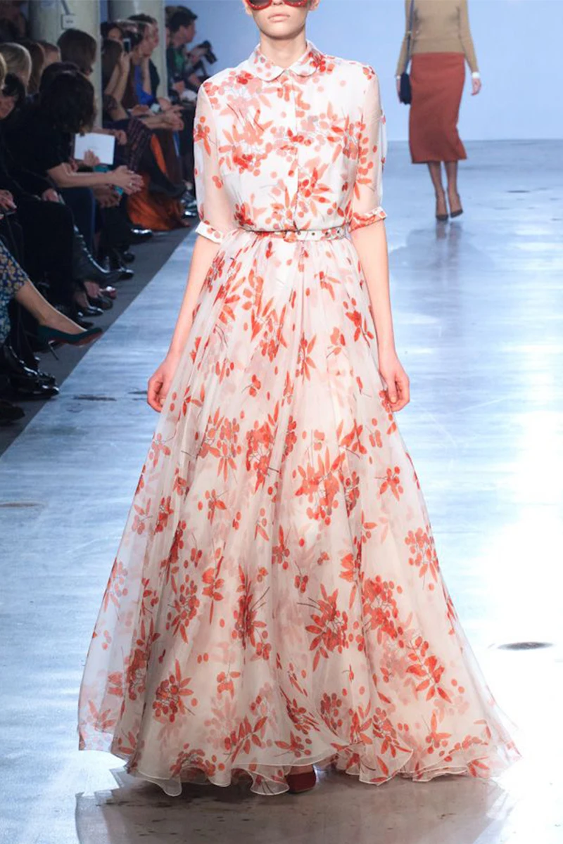 

Elegant Floral Printed Chiffon Pleated Long Dresses For Women Summer 2020 Half Sleeve Maxi Runway Dress