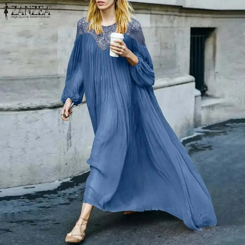 

ZANZEA Women's Lace Patchwork Dress 2021 Spring Autumn Bohemian Maxi Vestidos Casual Solid Loose Sundress Oversized Party Robe