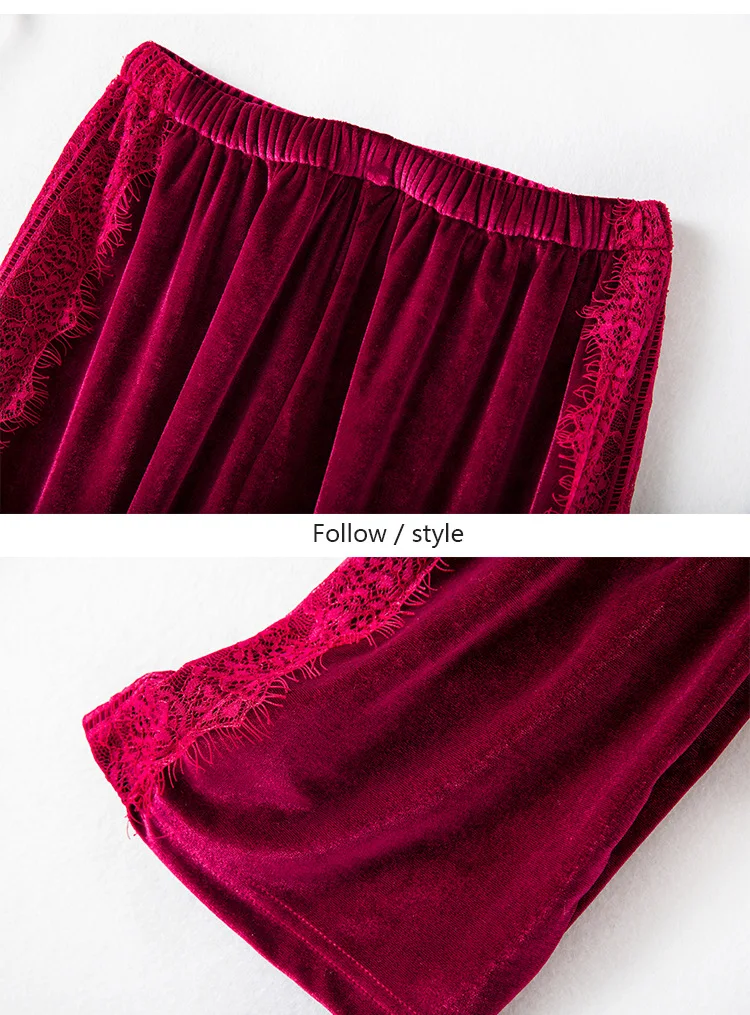 

Burgundy 3PCS Pajamas Suit Velvet Bride Wedding Robe Set Lady Autumn Winter Sexy Lace V-neck Sleepwear Nightwear Casual Bathrobe