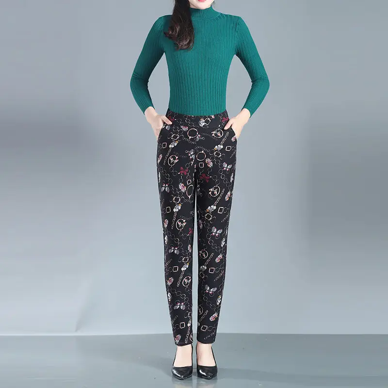 

Women 2021 Autumn Winter High Elasticity Plus Velvet Leggings Female Fleece Warm Trousers Flower Print Velvet Pencil Pants A330
