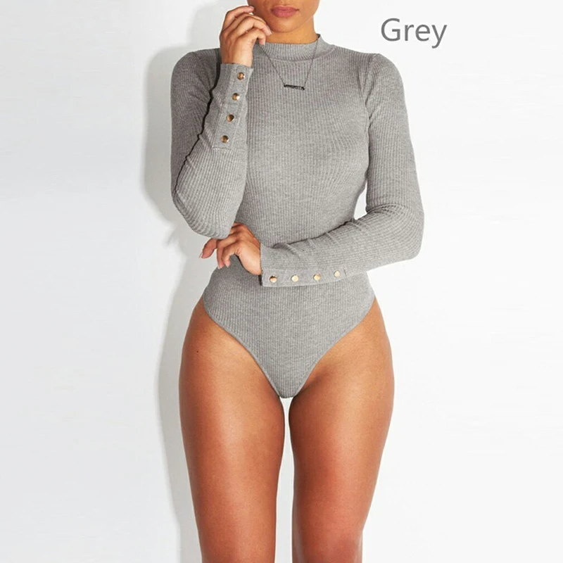 Solid Ribbed Knit Black Gray Female Bodysuit O Neck Top Women Long Sleeve Fall 2021 Winter Bodycon Keep Warm Khaki Body Sexy
