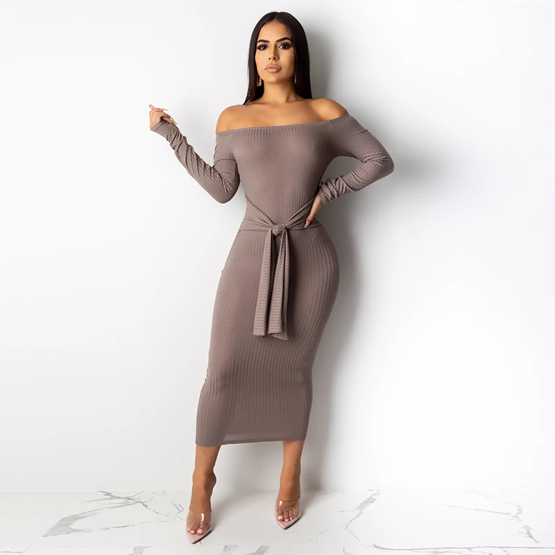 

Women Dress Off The Shoulder Sexy Maxi Bandage Backless High Waist Belted Bodycon Dress Causal Solid Long Sleeve Plus Size Dress