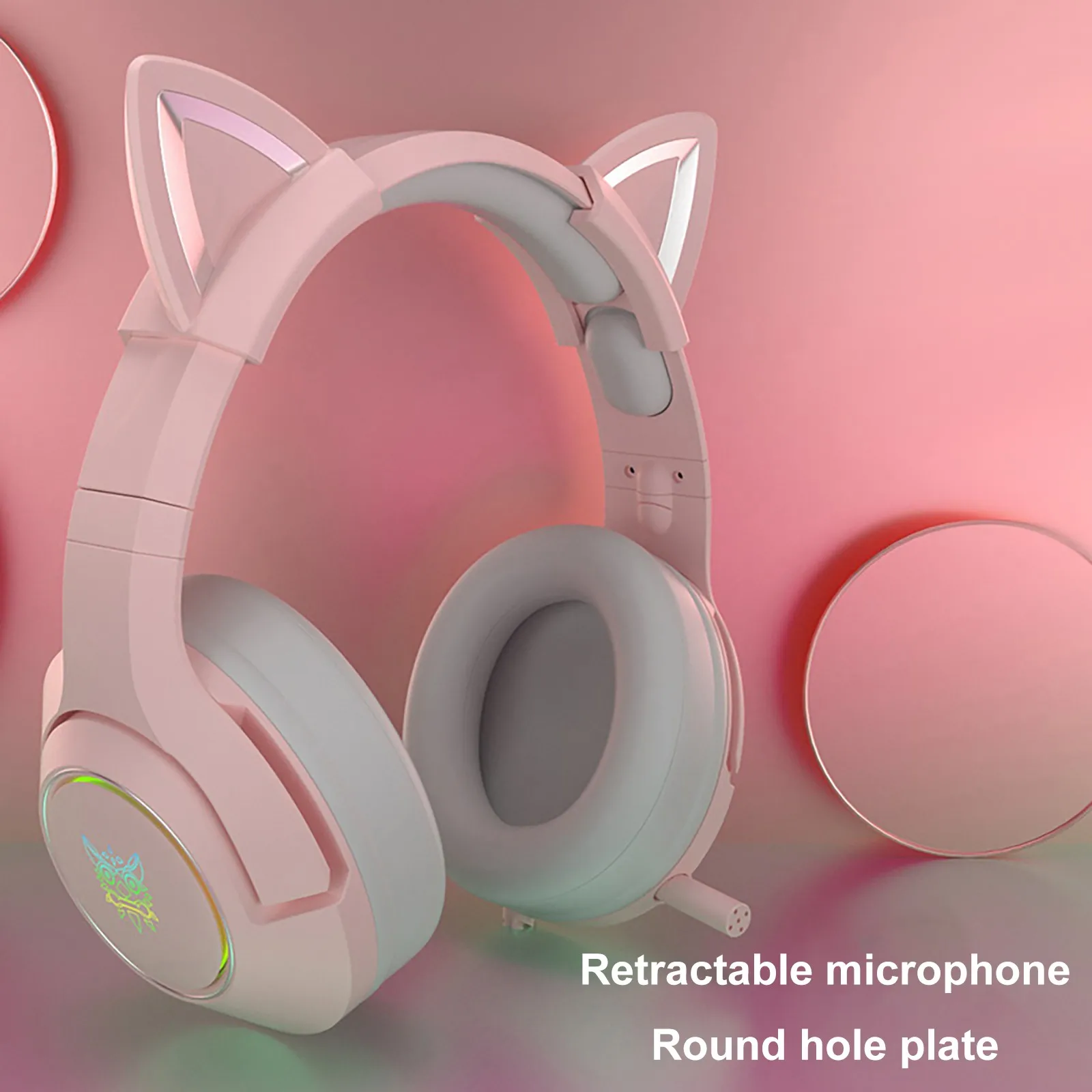 

Gaming Headset wired headphone with mic Pink Cat Ear Cute Girl HiFi 7.1 channel RGB PC Earphones