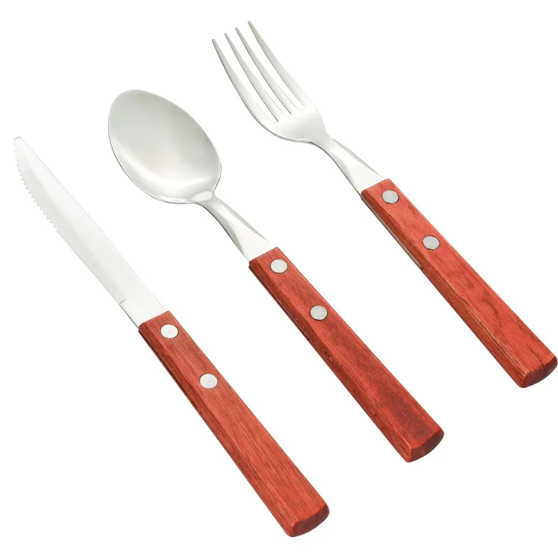 

3 Pieces Sets Wooden Western Tableware Stainless Steel Spoon Fork Knife Retro Style Beech Handle Outdoor Portable Dinnerware