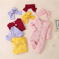 newborn baby romper cotton casual solid knitted o neck girls button round neck single breasted headband 2pcs infan playsuit 3 9m