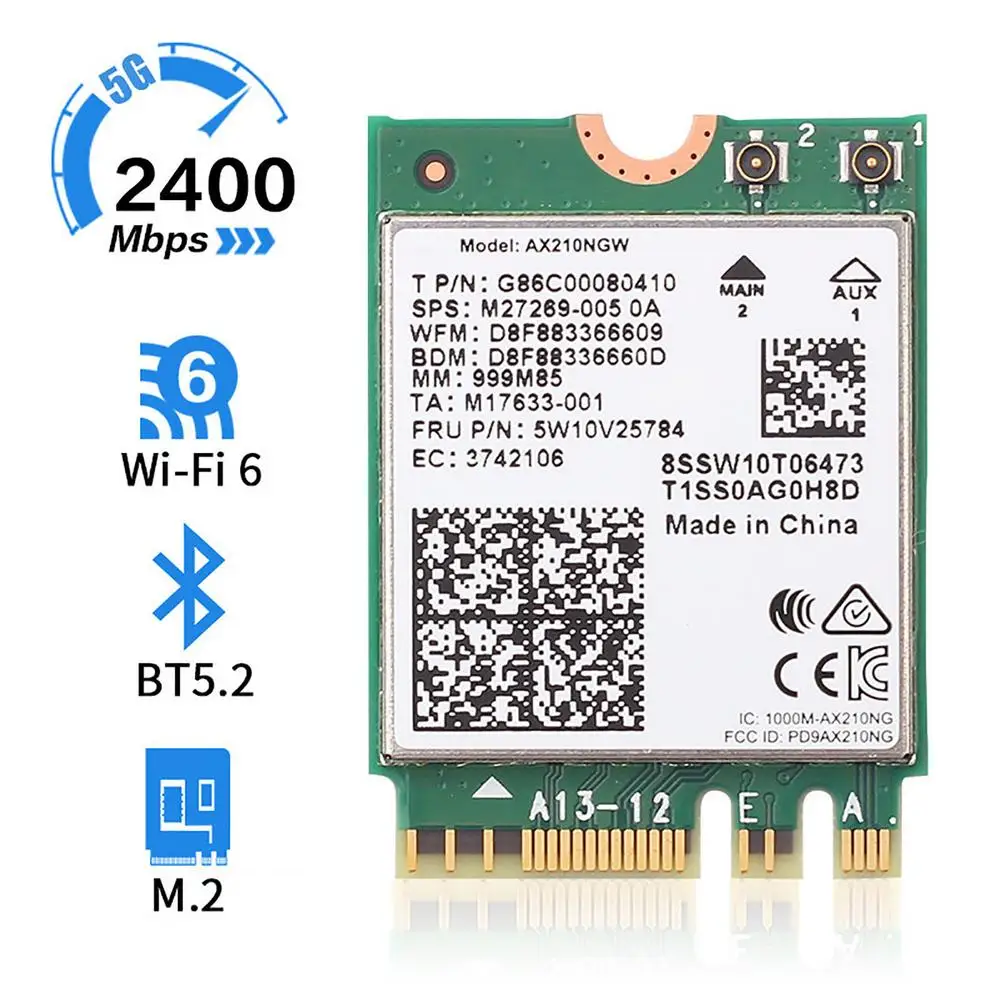 

Network Card - Dual Band 2400Mbps | Wifi 6E Intels AX210 M.2 Wifi Wireless Card | BT 5.2 AX210NGW For Windows 10/11