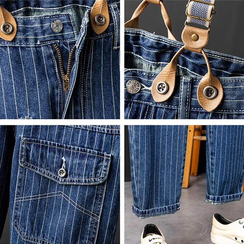 ZYYong Fahsion Man Jeans Bib Overalls Multi Pocket Hip Hop Streetwear Blue Stripe Homme Denim Trousers Leisure Cargo Pants
