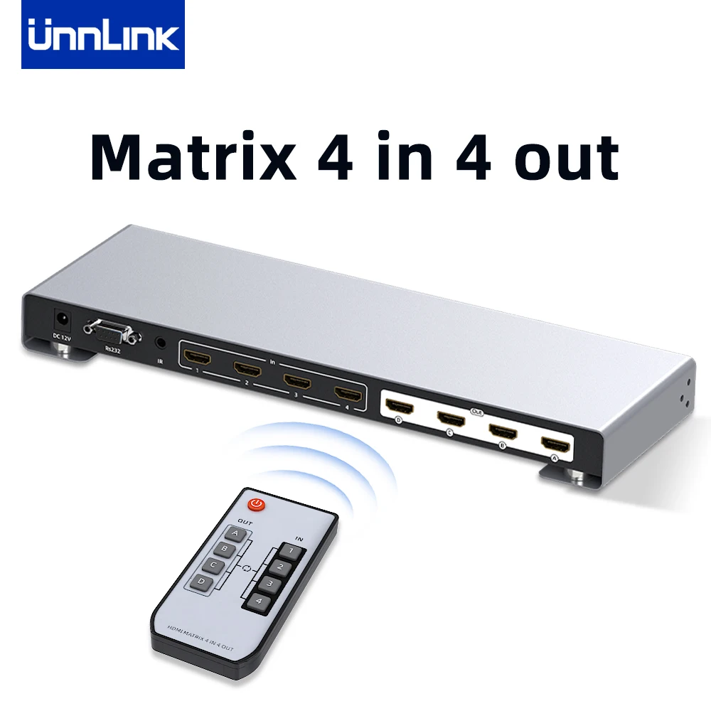 

Unnlink 4x4 HDMI Switch 4K 30Hz 1080P 60Hz HDMI Martix with RS232 IR Remoter for Laptop Computer PS4 to TV Monitor Projector