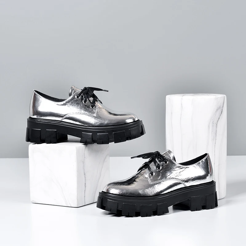 

ISNOM Lace Up Flats Skid-proof Sole Thick Shoes Rubber Leather Platform Shoes Vintage College Style Flat Shoes Women 2020