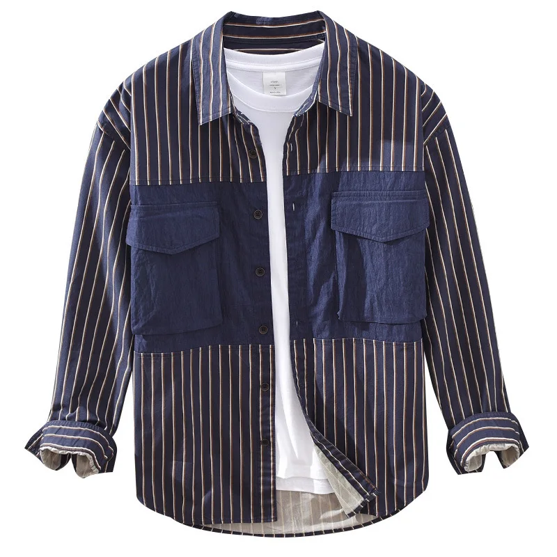 

Male Japan Fashion Striped Double Pockets Patchwork Safari Style Harajuku Shirt Cotton Long Sleeve Lapel Loose Casual Mens Tops