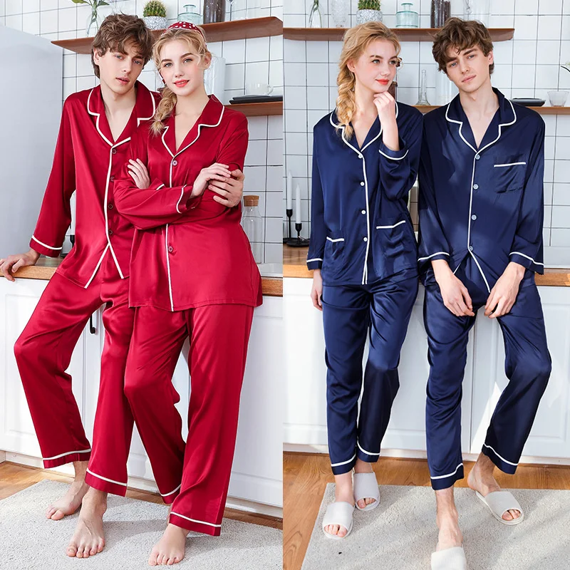 

W Satin Pajamas spring summer wedding red long sleeve home wear two piece set 19185 pijama hombre pyjama homme