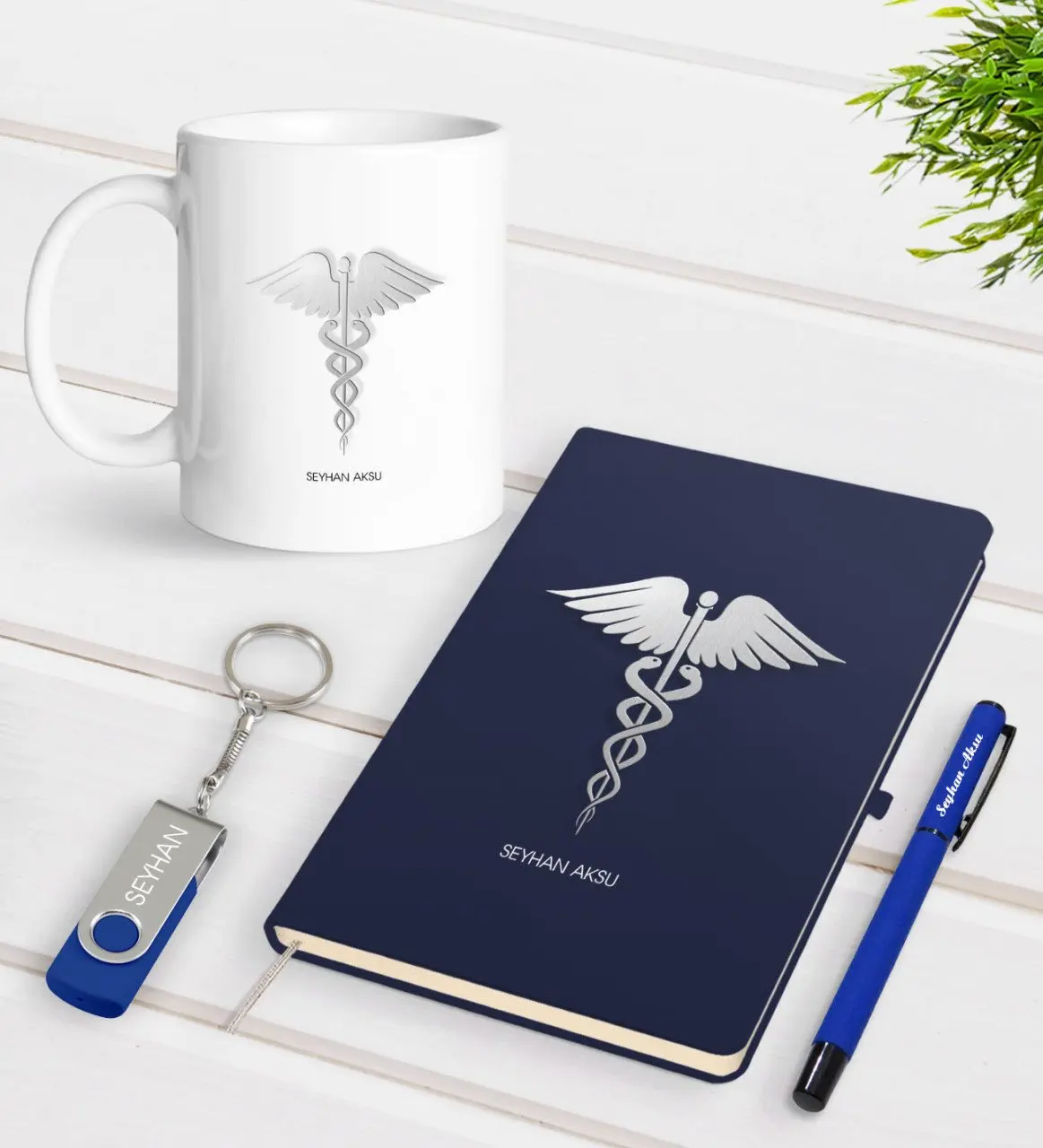 

Personalized Medicine Symbol Themed Navy Blue Notebook Pen Cup 32gb USB Memory Gift Seti-1