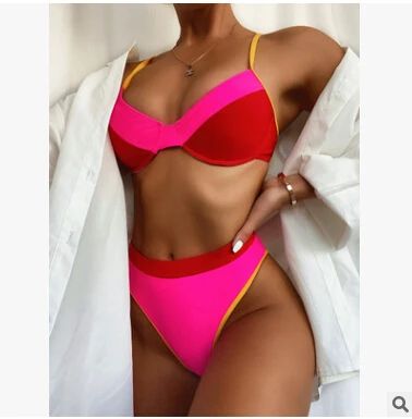 

2020 new rose red contrast stitching bikini unique fashion bikini set