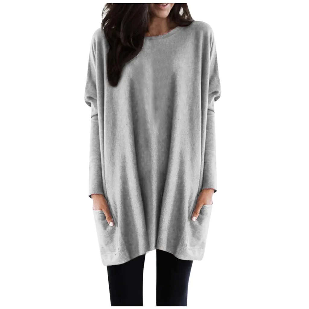 Женские блузки и топы размера плюс 5xl Однотонный свитер с карманами длинным
