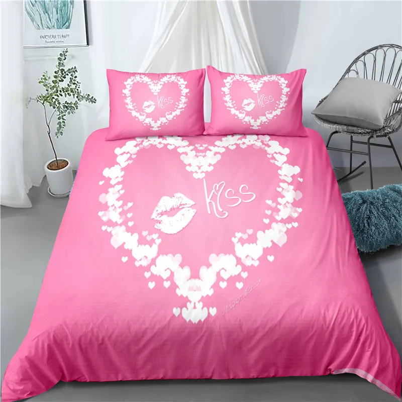 Набор постельного белья розового цвета с сердечками и поцелуями для влюбленных в