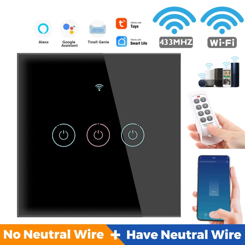 

Smart Wifi Touch Switch No Neutral Wire Required Smart Home 1/2/3/4 Gang Light Switch 220V Support Alexa Tuya App 433RF Remote