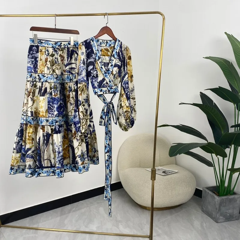

High Quality A-line Flower Print Cotton Summer Women Fashion V-neck Long Sleeve Tops Mid-calf Skirts Set