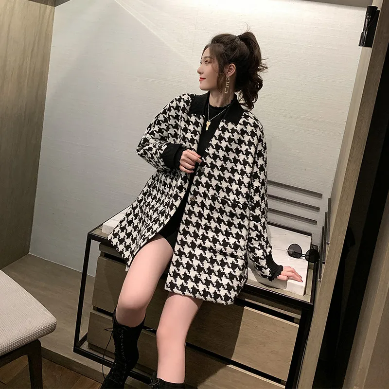 Модное шерстяное пальто из ткани гусиная лапка Женская Корейская темпераментная