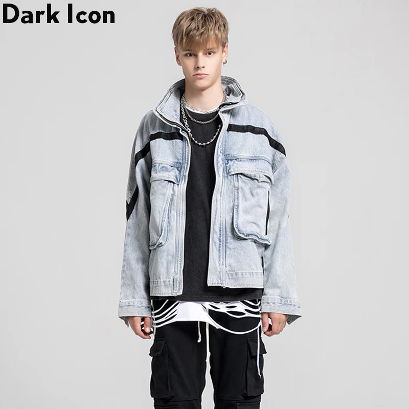 Темный логотип отложной воротник передние накладные карманы куртка для мужчин