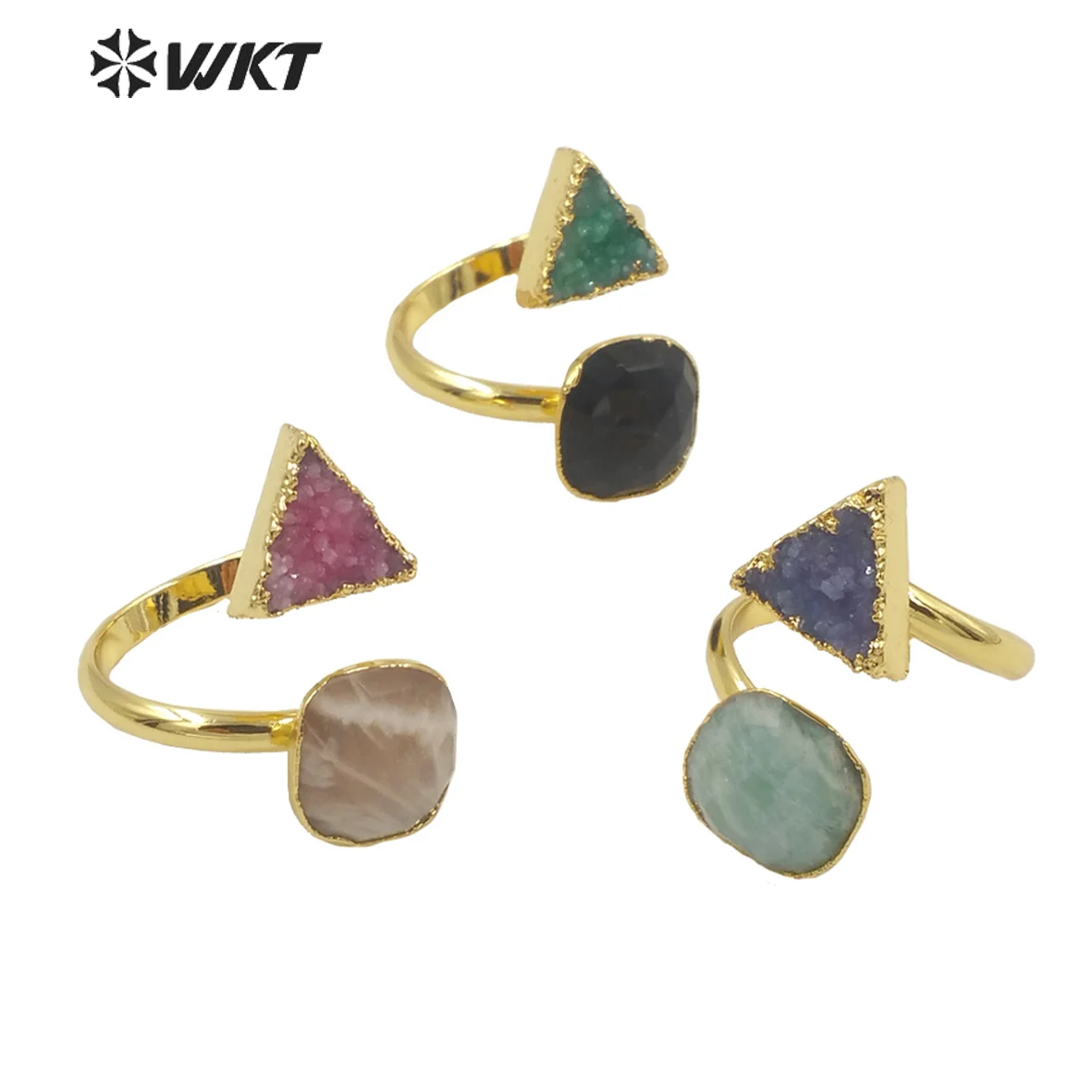 

WT-R373 Wholesale personality Elegant double stone Ring druzy quartz stone Ring Adjustable size High quality women jewelry