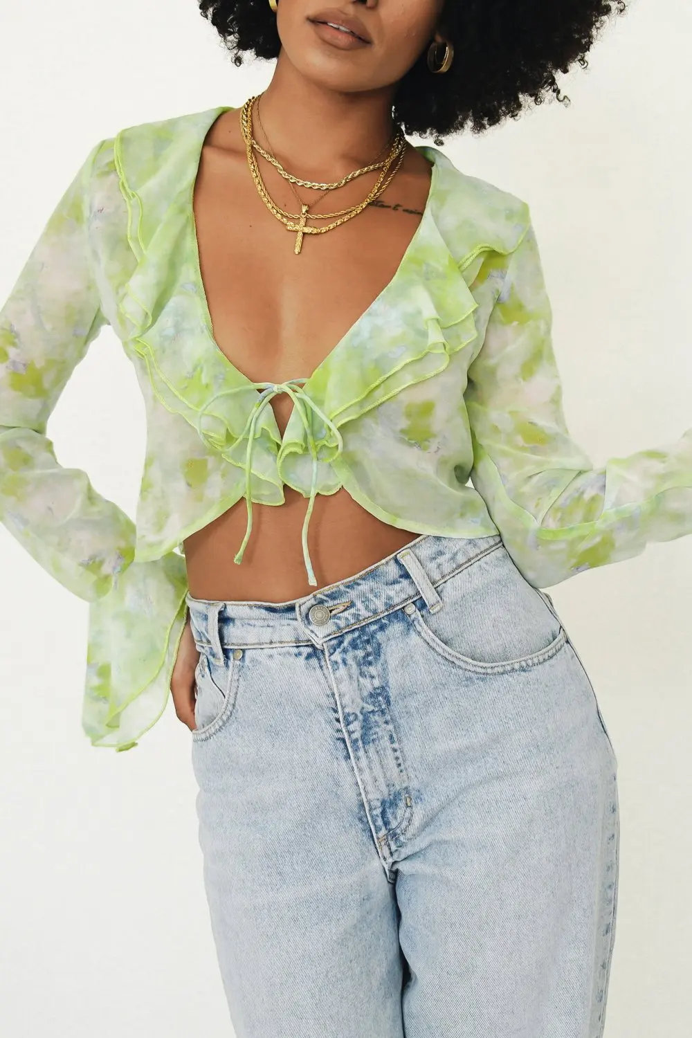 Женская блузка с длинным рукавом и рюшами летняя одежда принтом из сетчатой