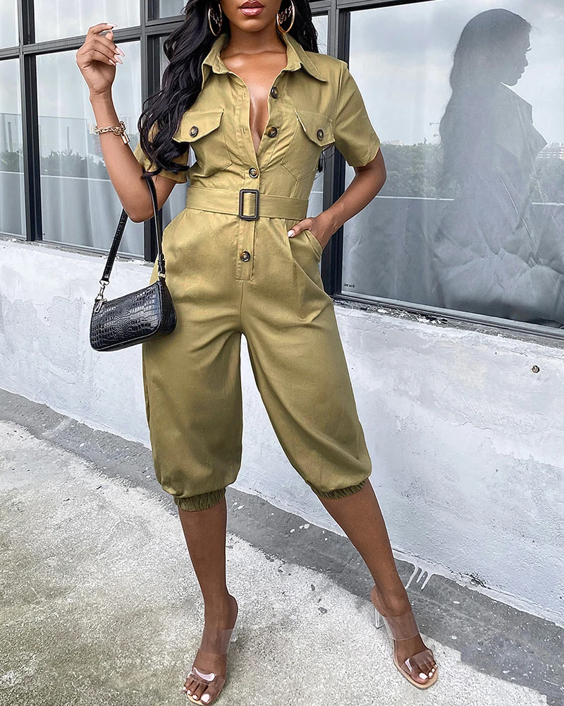 

Womens Fashion Cargo Pants Rompers Casual Short Sleeve Pocket Buttons Knee-length Jumpsuits
