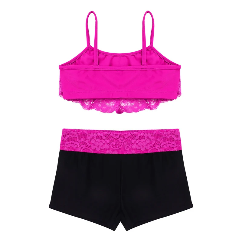 Children Sportswear 2PCS Kids Lace Floral Spaghetti Straps Crop Tops Bottoms Suits Girls Workout Tankini Swim Dance Outfit |