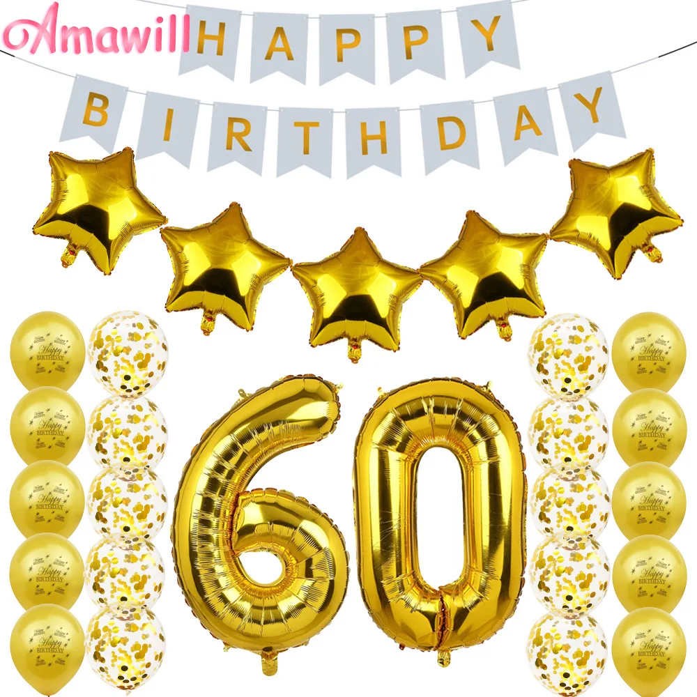 Amawill 60th день рождения комплект украшений для вечеринки с днем баннер золотой