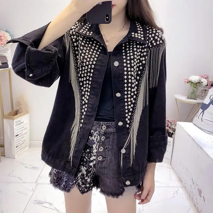 

New Chaquetas Mujer Autumn Streetwear Denim Jacket Women Hand-studded Rivet Tassel Chain Short Jeans Jacket Loose Black Coats