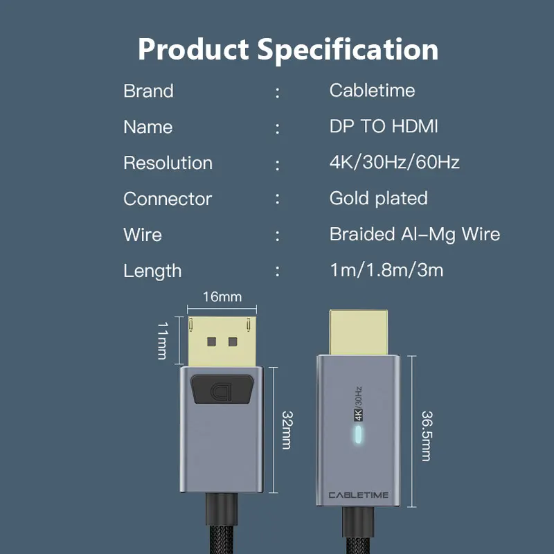 Кабель HDMI 2021 CABLETIME dp-hdmi 4K/60 Гц светильник playport для портативных ПК Macbook Air Acer Dell