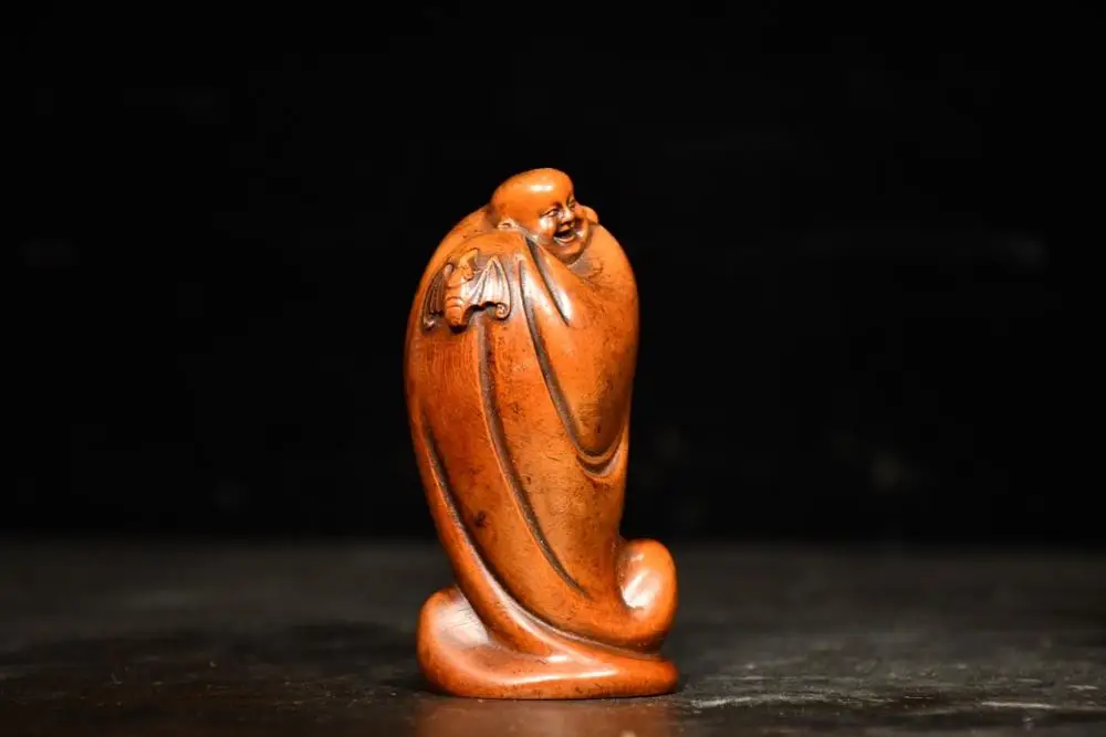 

Home Decor 4" China Collection Old Boxwood Maitreya Buddha Statue Carving Big Belly Buddha Bat Wood Carving Amitabha