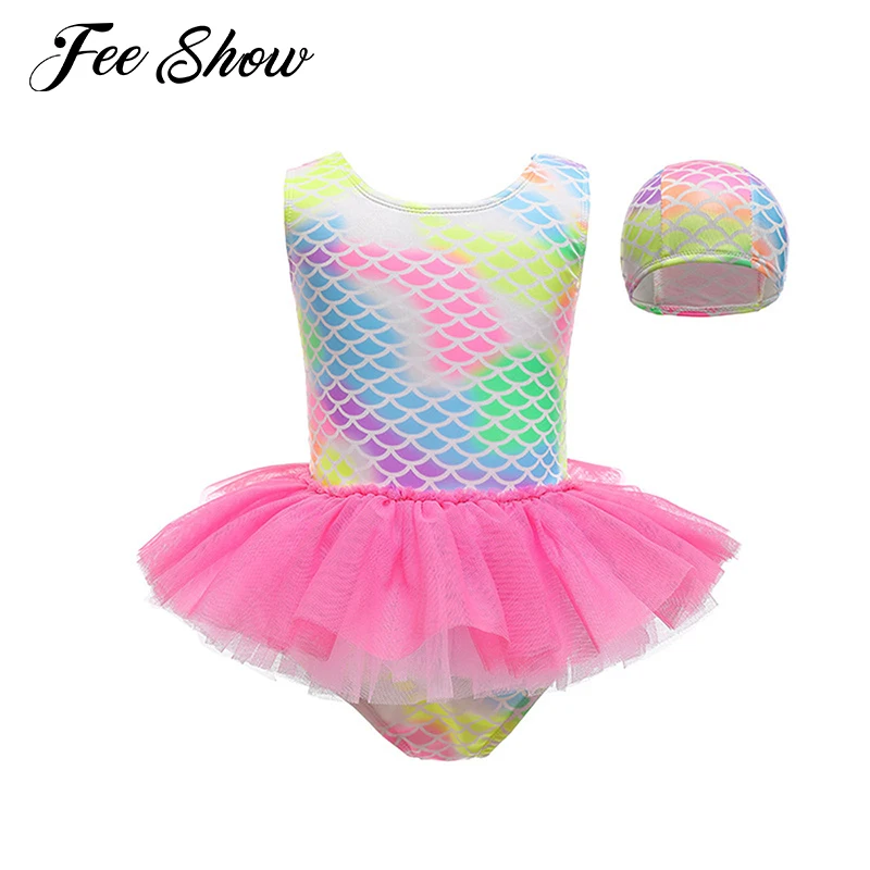 

2pcs Kids Girls Swimsuits Beachwear Round Neck Sleeveless Fish Scale Print Ruffled Mesh around Waist Swimming Suit with Hat