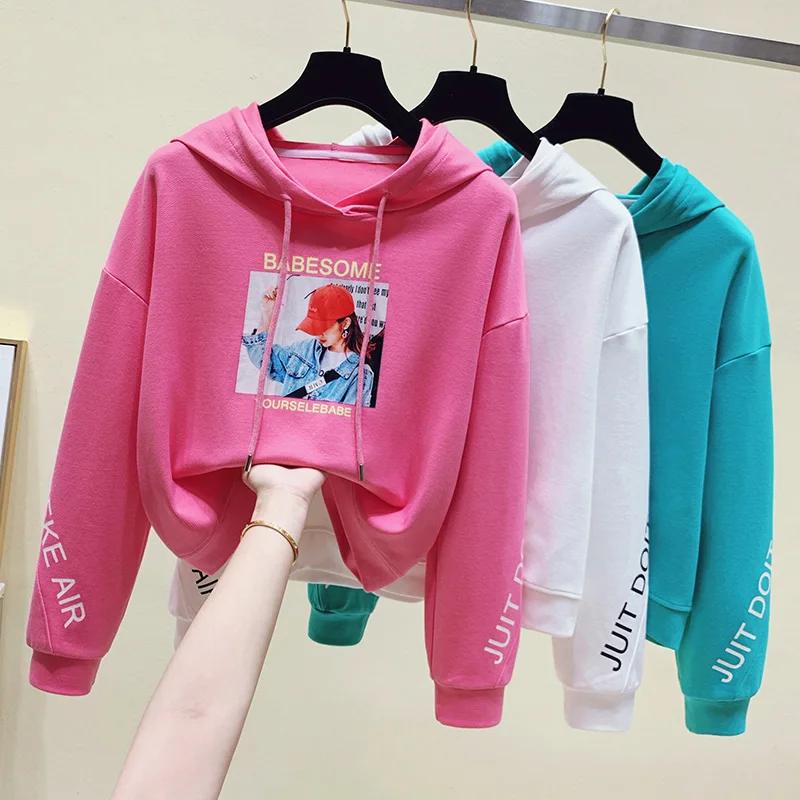 Autumn Korean Design Cartoon Printing Letter Sweatshirt Creativity Pullover Short Hooded Tops Moletom Feminino 2021