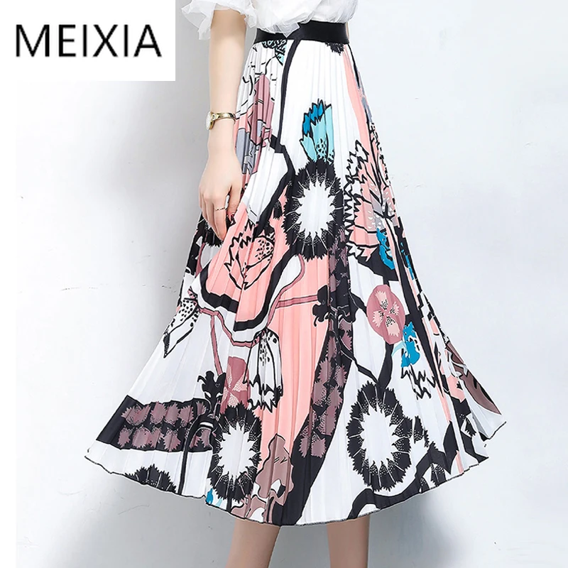 

MEIXIA Summer Autumn Pleated Skirt Womens Fashion Bohemian Printed Floral Skirts Elastic Waist Casual A-Line Mid-Calf Skirt