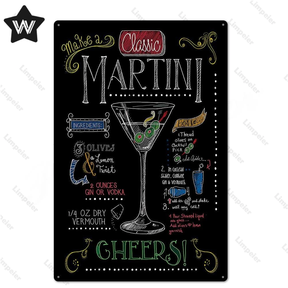 Винтажный металлический плакат для виски коктейлей жестяной в стиле ретро