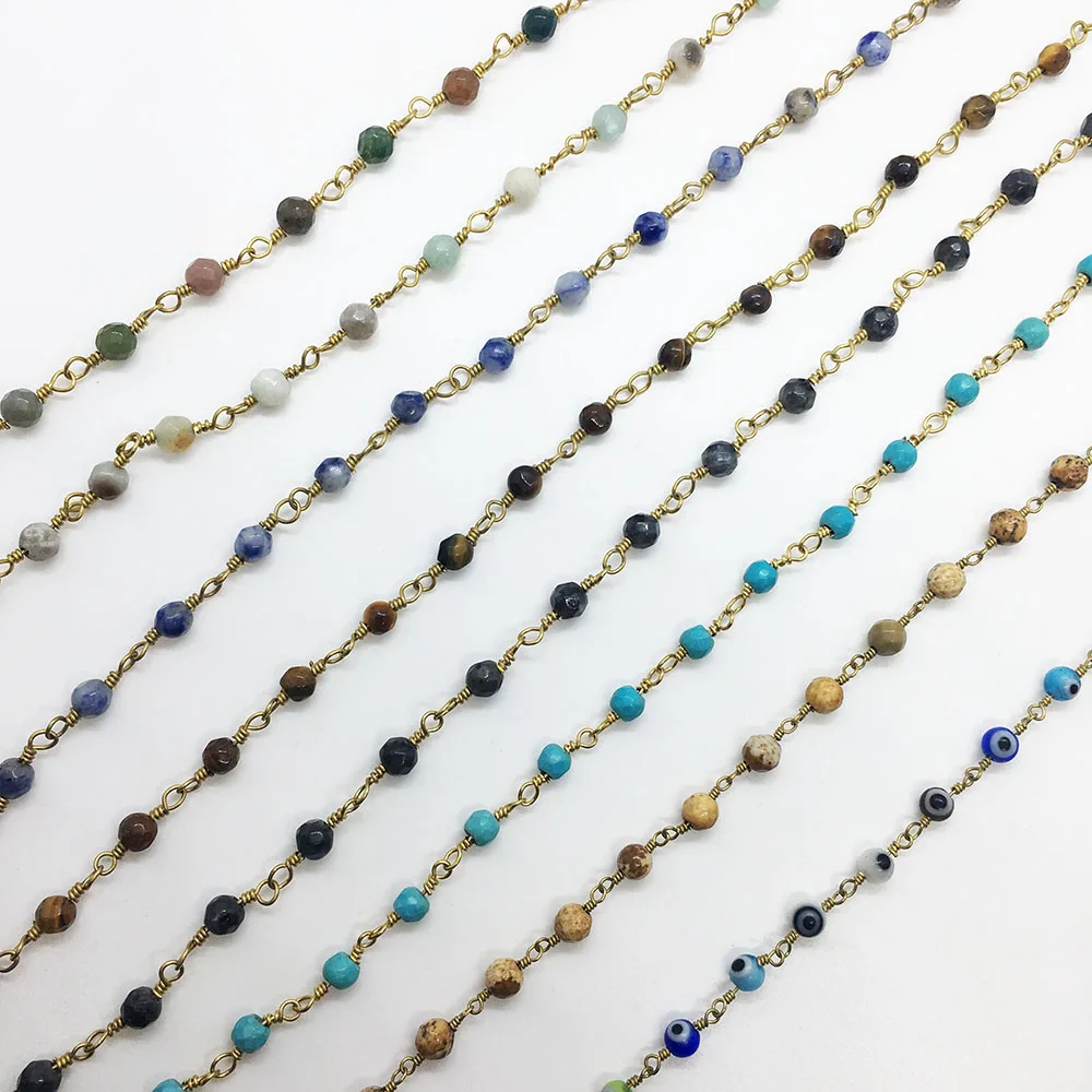

4mm Natural Stone Chain Type Connect Metal Copper Handmade DIY Round Beads Charm men's Necklace Luxury Bracelet Femme Jewelry