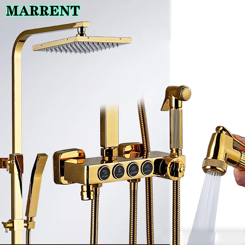 

Four Functions Thermostatic Bathroom Shower Set Gold Square Rainfall Shower Mixer Set Bathroom Sanitary Product Shower Sets