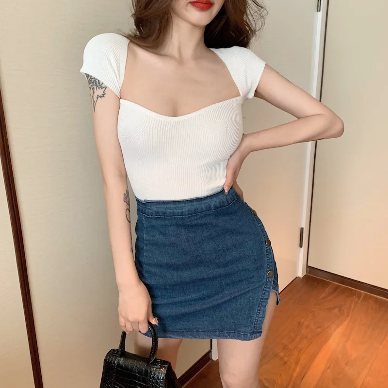 

Women V-neck Knitted Short Sleeve Draw String T-shirts Crop Tops Girls Knitting Stretchy Cropped Sheath Tee Shirts For Female