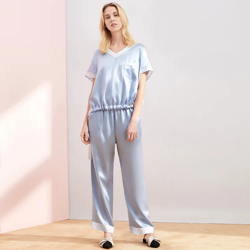 Maison Gabrielle 100% Pure Mulberry Silk Pajamas Set 2 Pieces Short Sleeve V Neck Pocket Trimmed 19 Momme Women's Loungewear