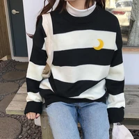 womens kawaii sweaters cute lovely college candy color stripes moon sets embroidery sweater female harajuku pullover for women