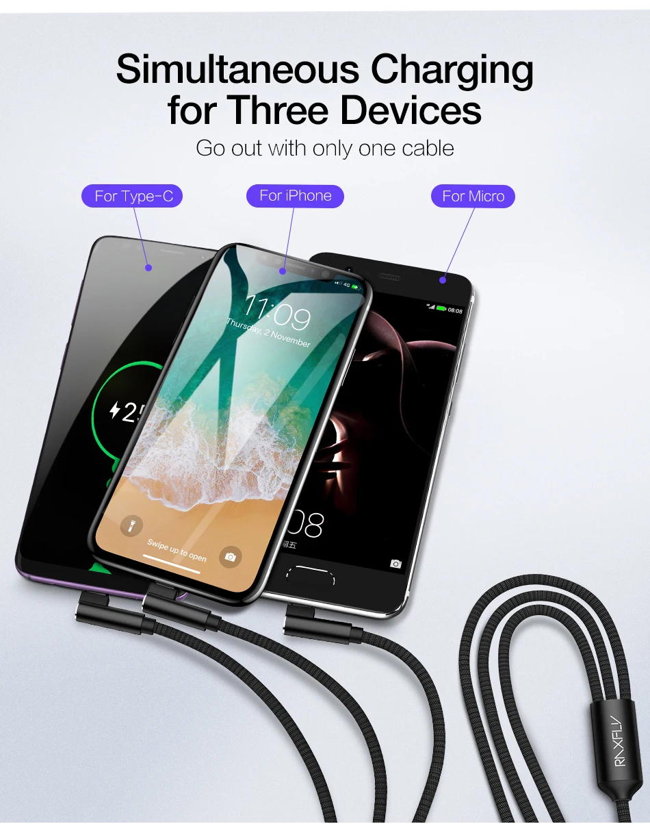 RAXFLY 3A кабель для быстрой зарядки 3 в 1 Micro USB 8Pin type-C кабель для iphone 11 Pro Max для samsung 5V кабель для передачи данных