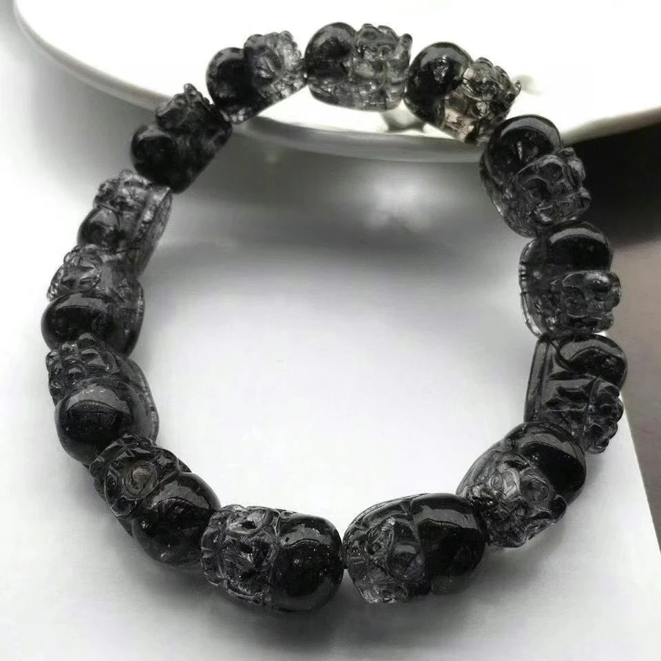 Bestellen Natürliche Schwarz Rutilated Quarz Kristall Armband Klar Pi Xiu Geschnitzte Perlen 15x10mm Stretch Frauen AAAAAA Zertifikat