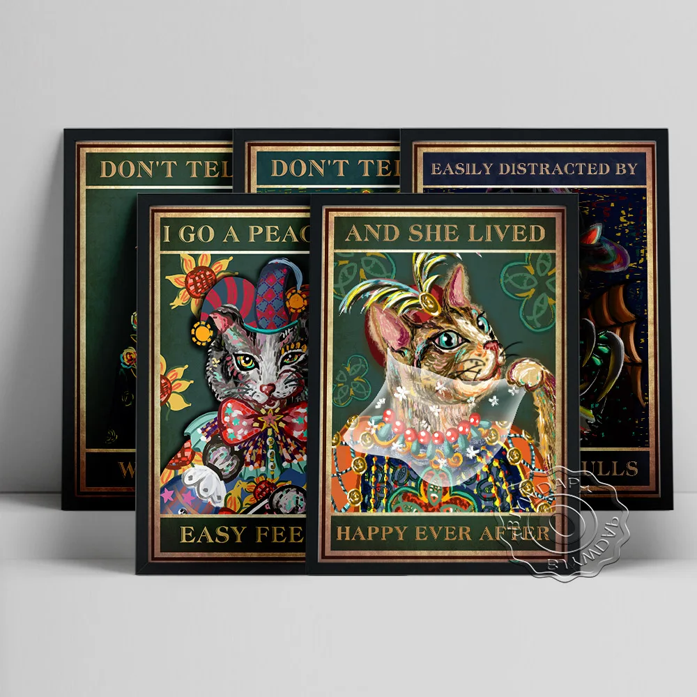 

Eclectic Cat Portrait Canvas Painting Retro Poster, Whimsical Renaissance Art Prints, Quirky Animal Housewarming Gift Home Decor